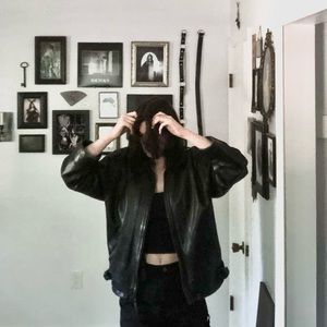 heavy black leather jacket w/ removable lining